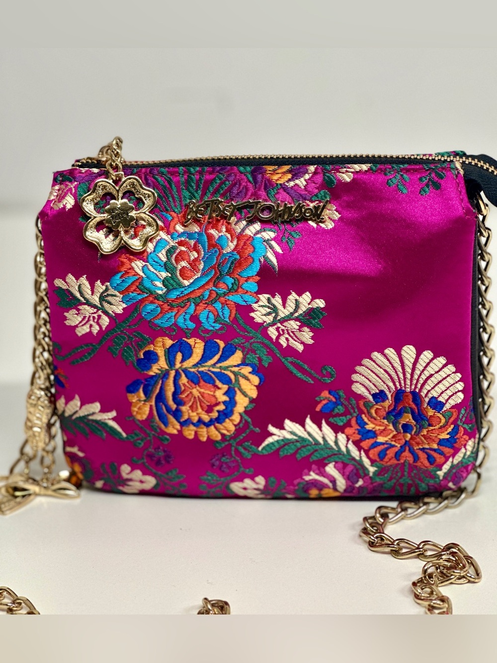 Betsey Johnson Pink Floral Embroidered Crossbody Bag Gold Chain